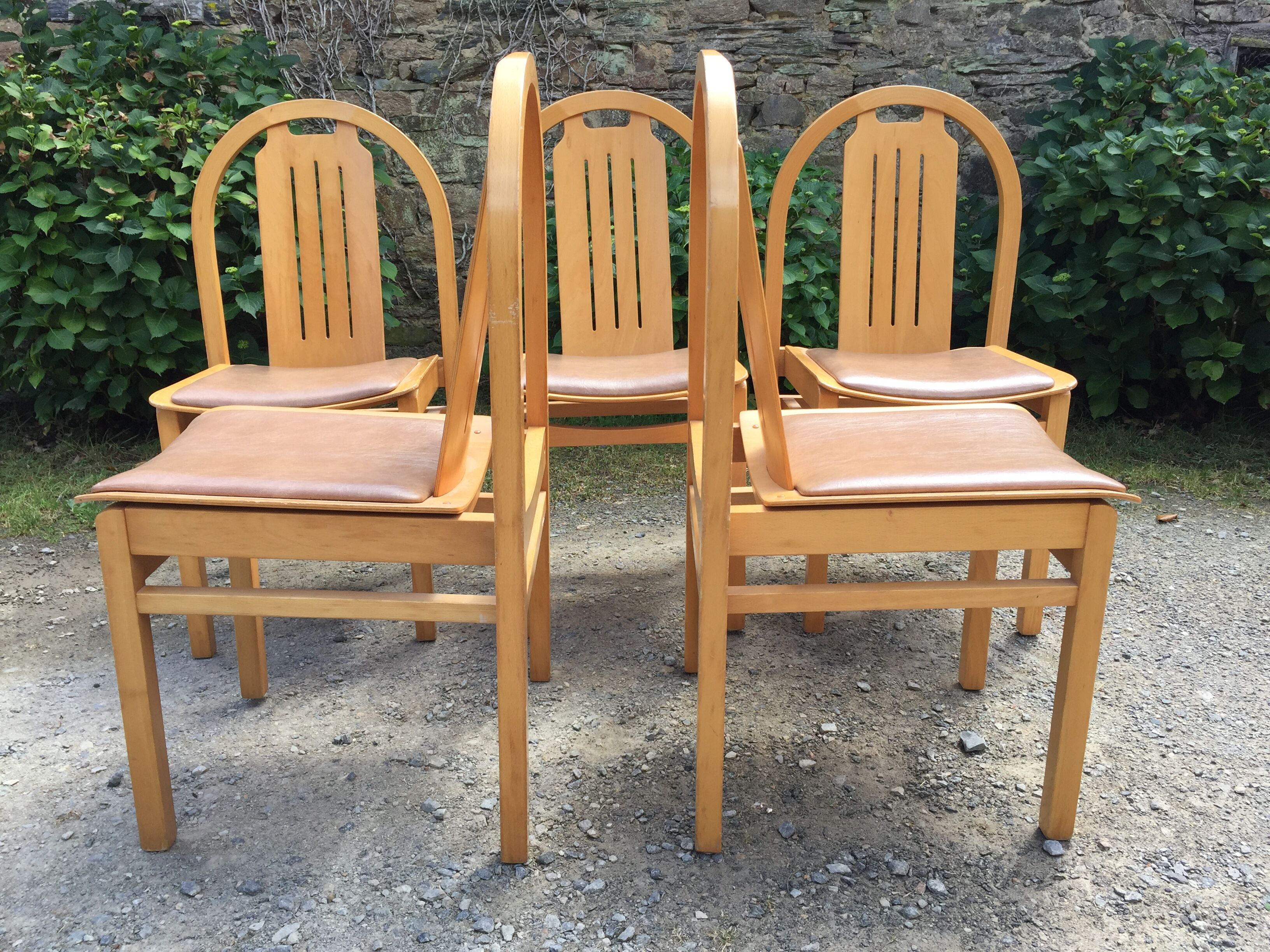 Vintage Baumann chairs in beech, seats in beige brown Skaï, series of 6.