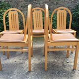 Vintage Baumann chairs in beech, seats in beige brown Skaï, series of 6.