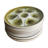6 oyster plates decorated large fire, Orchies Moulin de loups, ceramic enamelled green