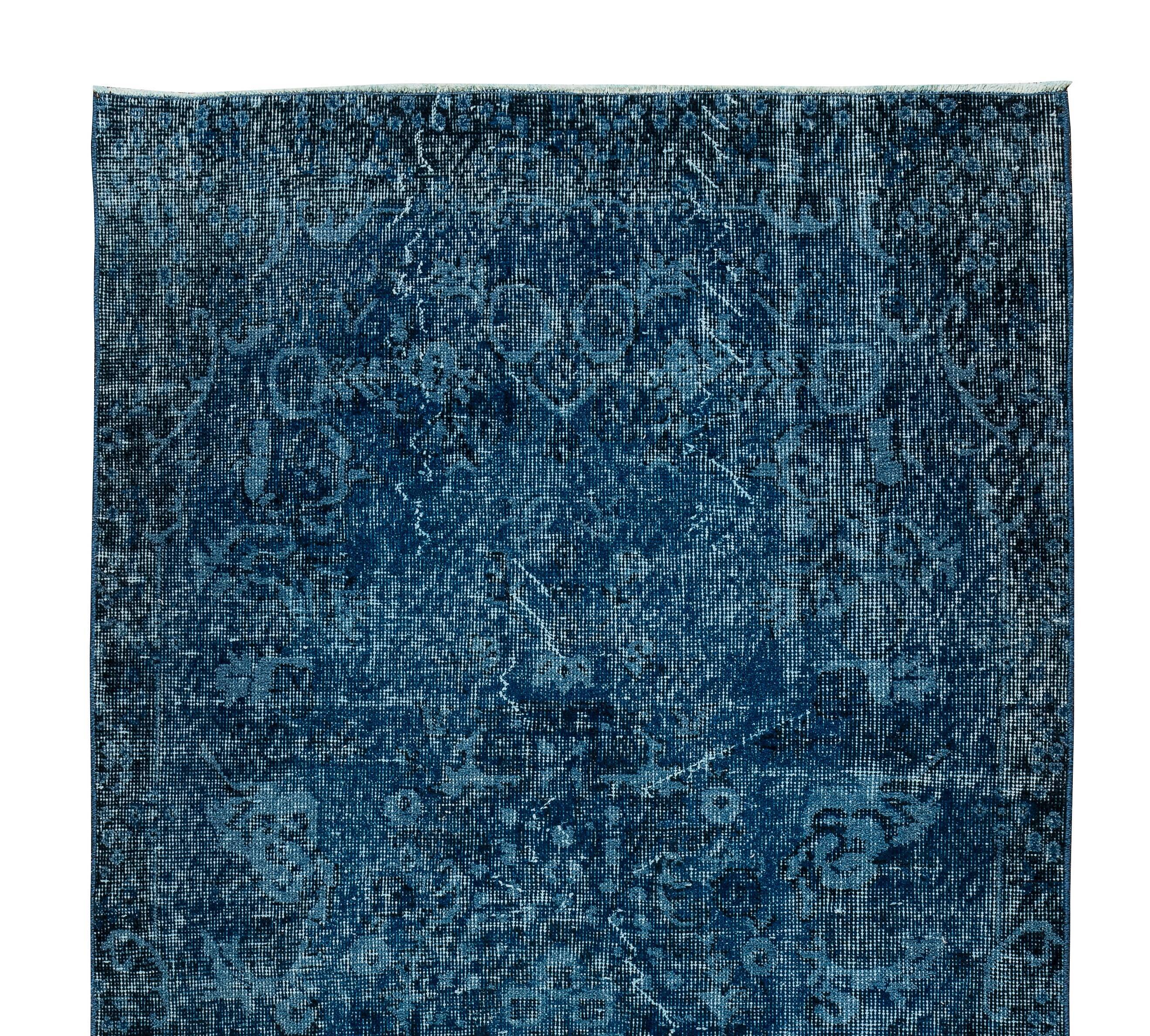 3.7x6.9 Ft Vintage Hand-Knotted Navy Blue Over-Dyed Rug from Turkey, Woolen Floor Covering. NTEK0797