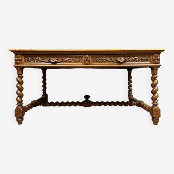 Renaissance Louis XIII style center flat desk in solid carved oak circa 1850