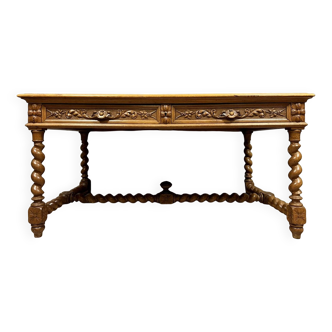 Renaissance Louis XIII style center flat desk in solid carved oak circa 1850