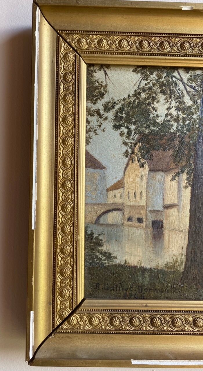 Ancient painting, landscape at the river signed and dated 1946