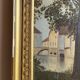 Ancient painting, landscape at the river signed and dated 1946