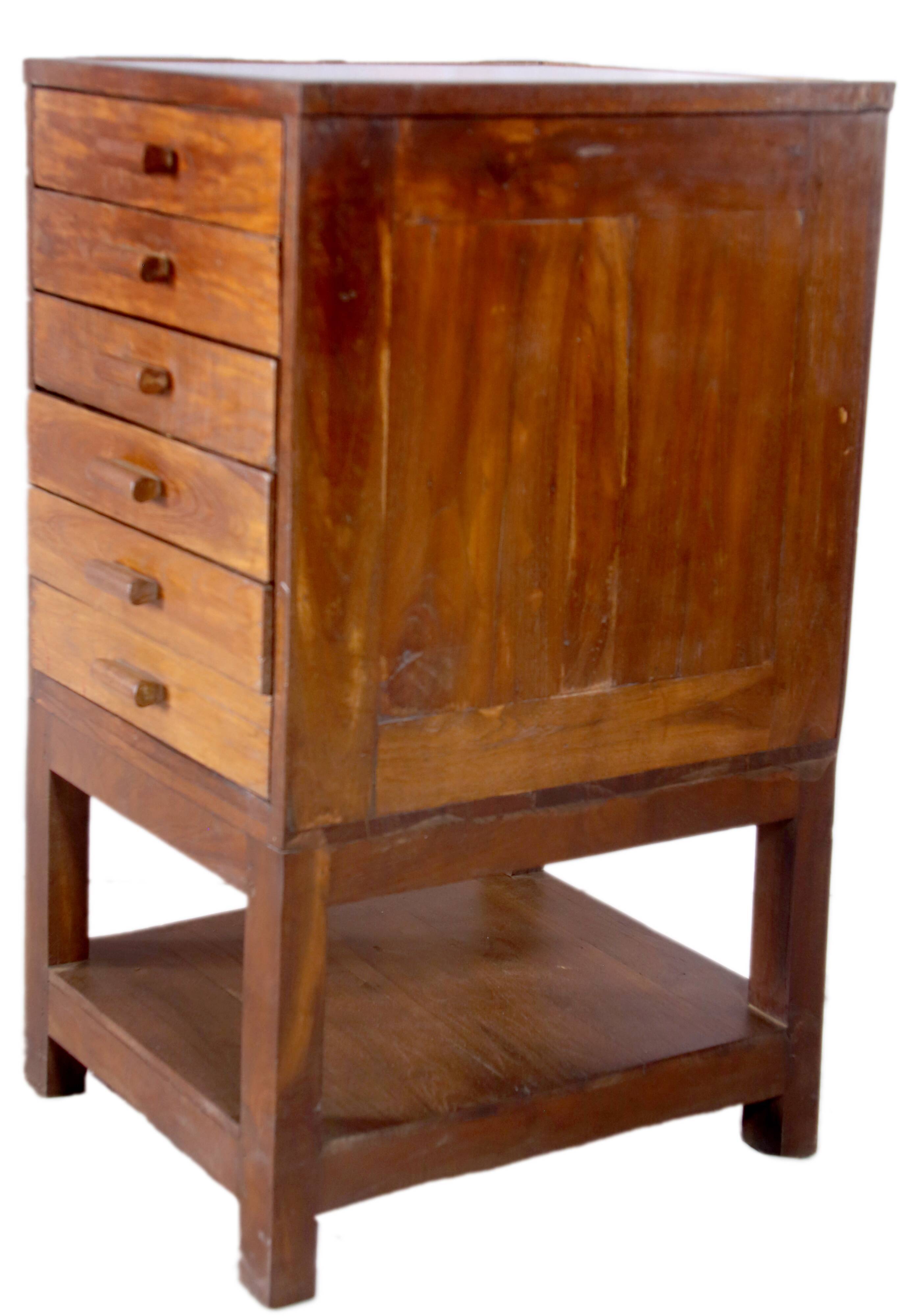 Former antique Burmese teak workshop cabinet with top glass tray