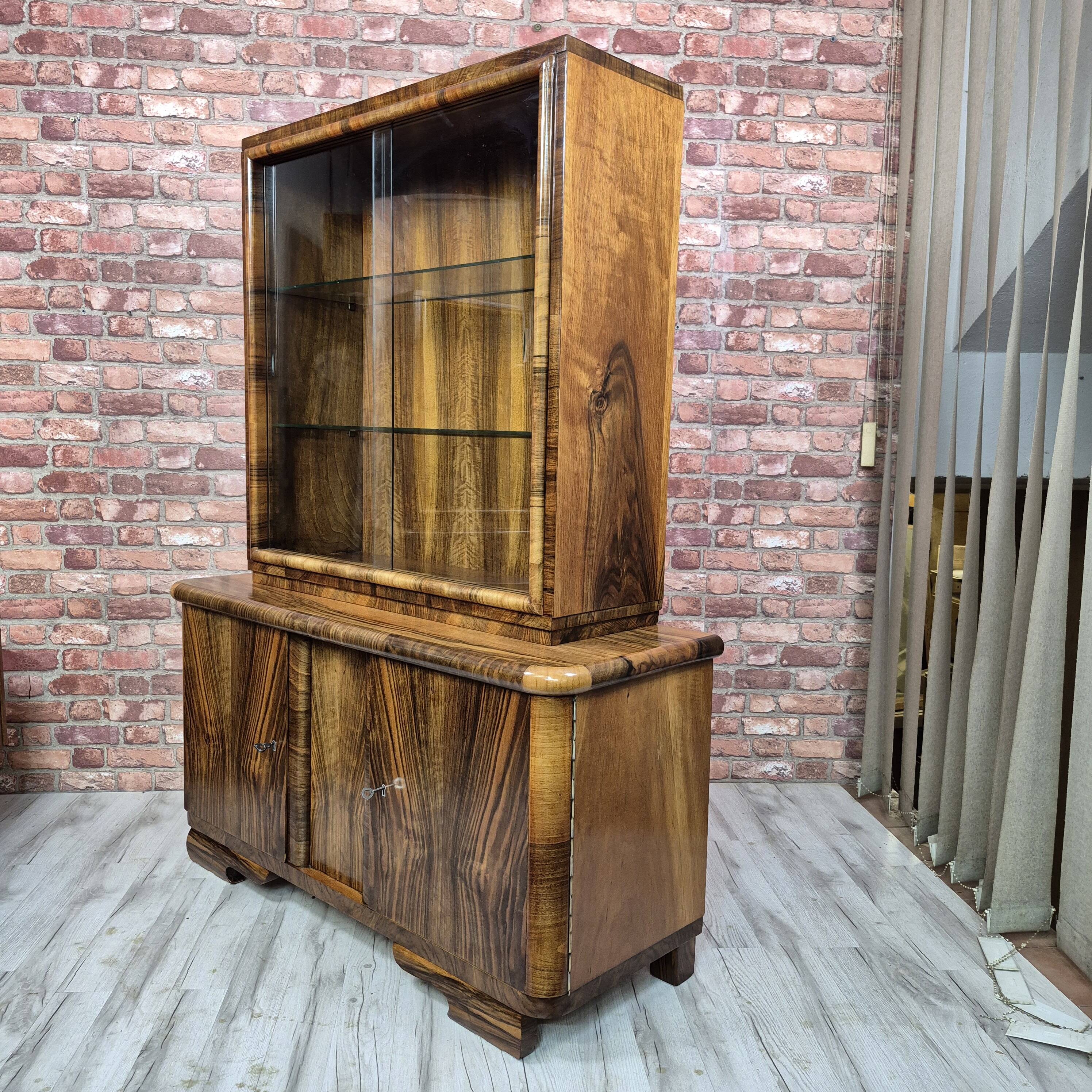 Streamlined Art Deco Walnut Display Cabinet / Sideboard – 1930s / 1940s