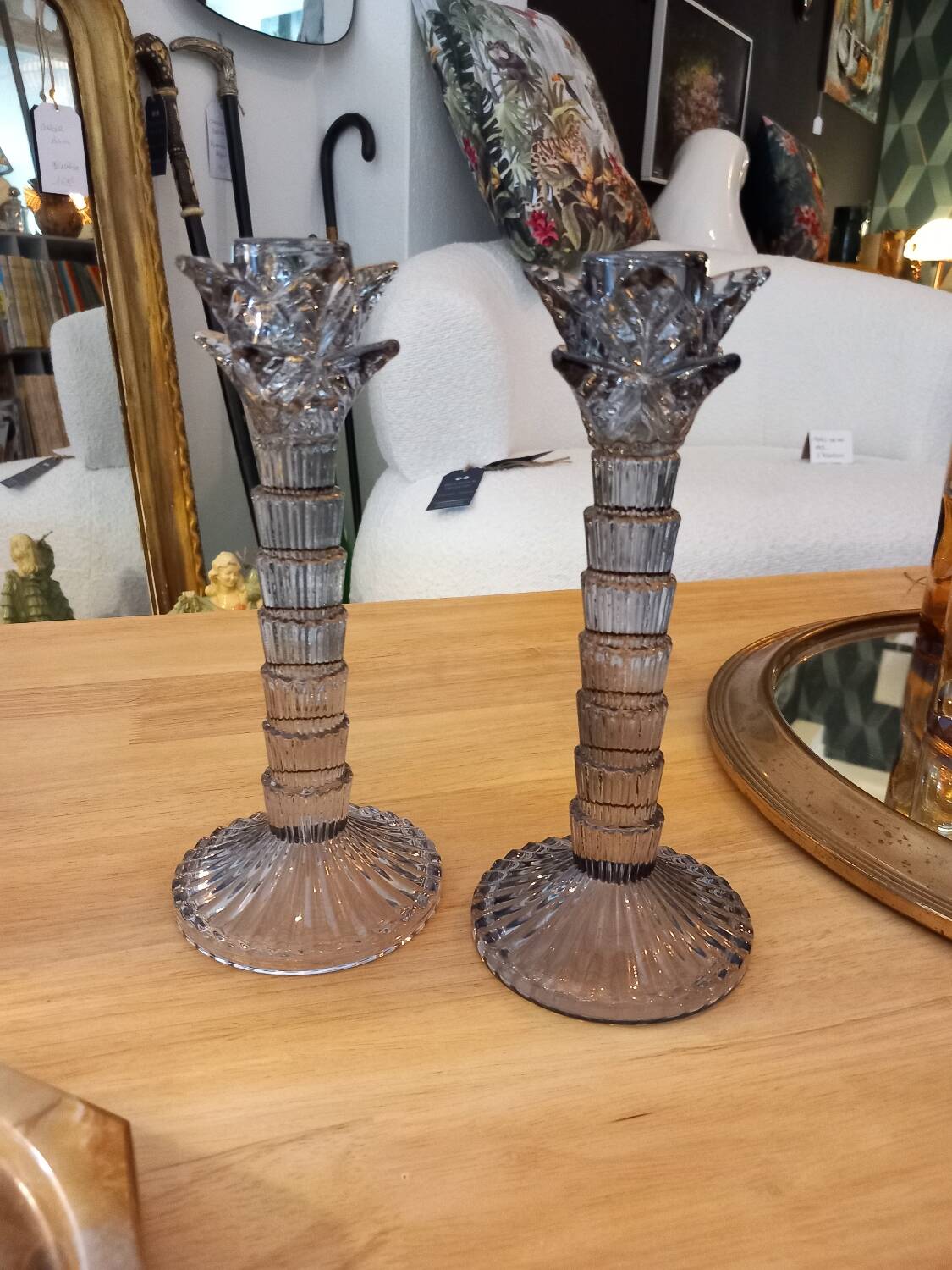 Pair of candlesticks. Blue/gray glass