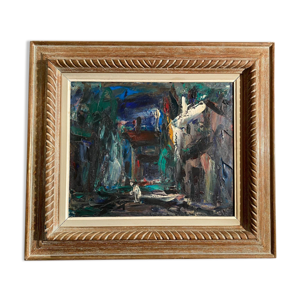 Huile sur toile au couteau signée Elemer Vagh Weinmann ''Entrée de Village