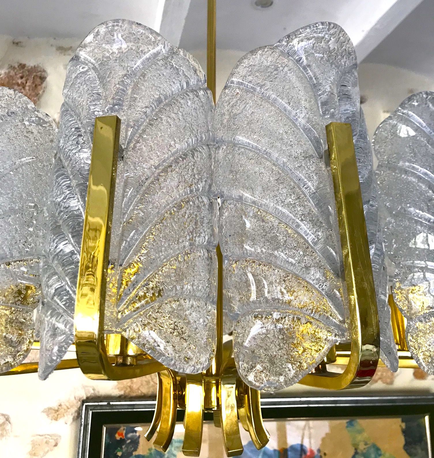 Chandelier Carl Fagerlund by Orrefors with 10 Murano leaves 1960