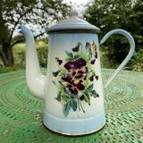 Cafetière ancienne Japy en tôle émaillée fleurs de pensée