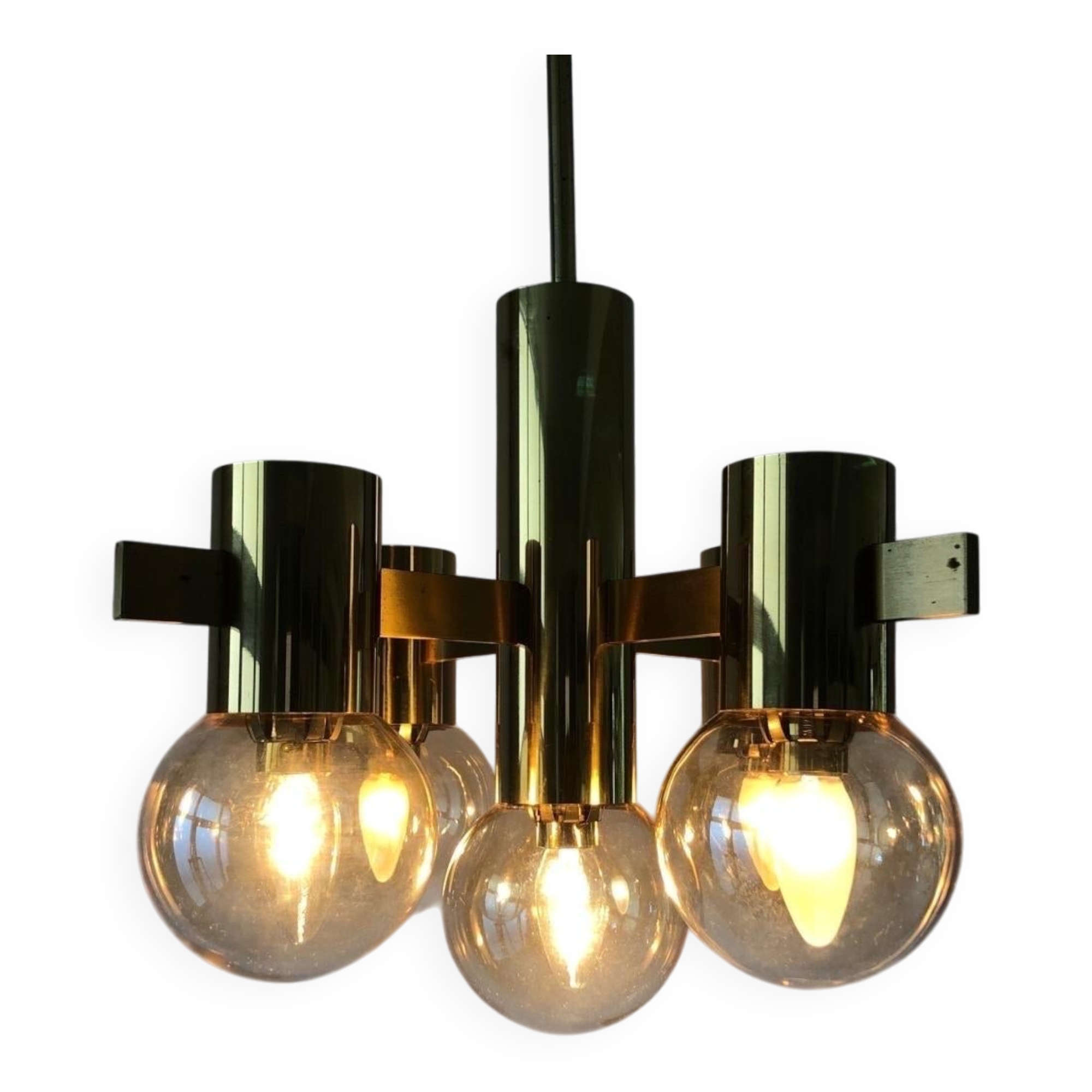 Lustre en laiton et verre fumé attr. H. Agnes Jacobsson, années 1960, Suède