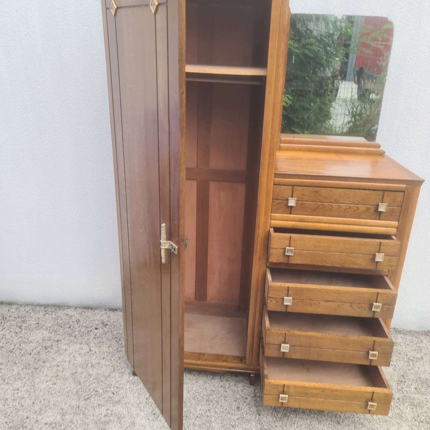 Asymmetrical storage unit Dresser wardrobe with vintage mirror 1950