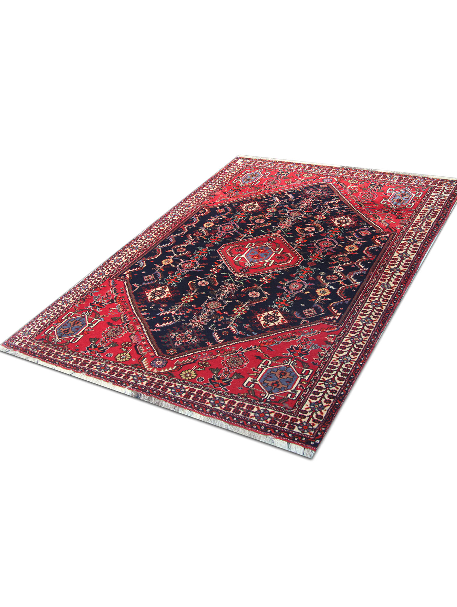 Handmade vintage persian carpet traditional red blue wool carpet - 117x160cm