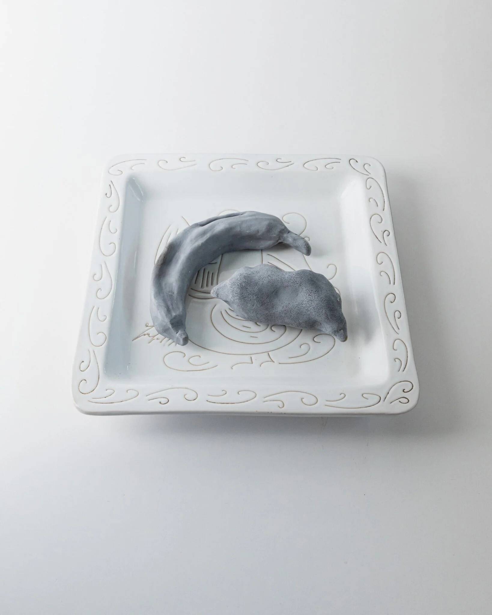 White Ceramic Plate with Etched Rooster Relief – Vintage Mid-Century Square Plate, Jacques Innocenti Style