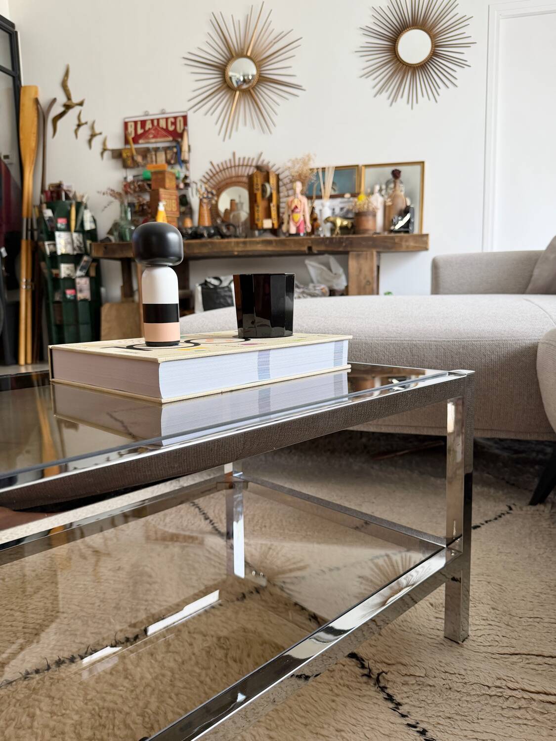 Table Basse Vintage Chrome & Verre Fumé (Style Belgo Chrom)