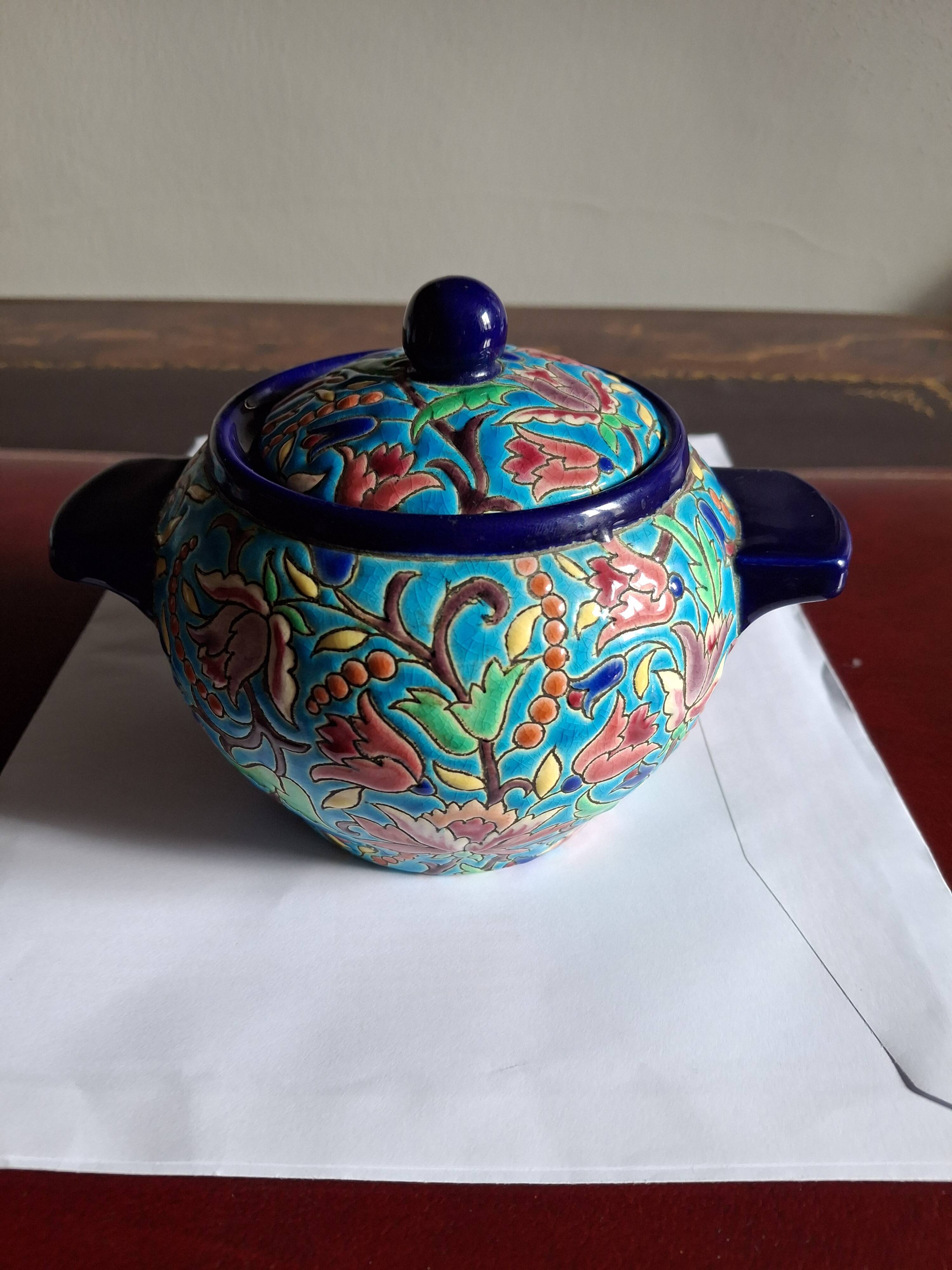 Cloisonné enamel tea service from Longwy in excellent condition.