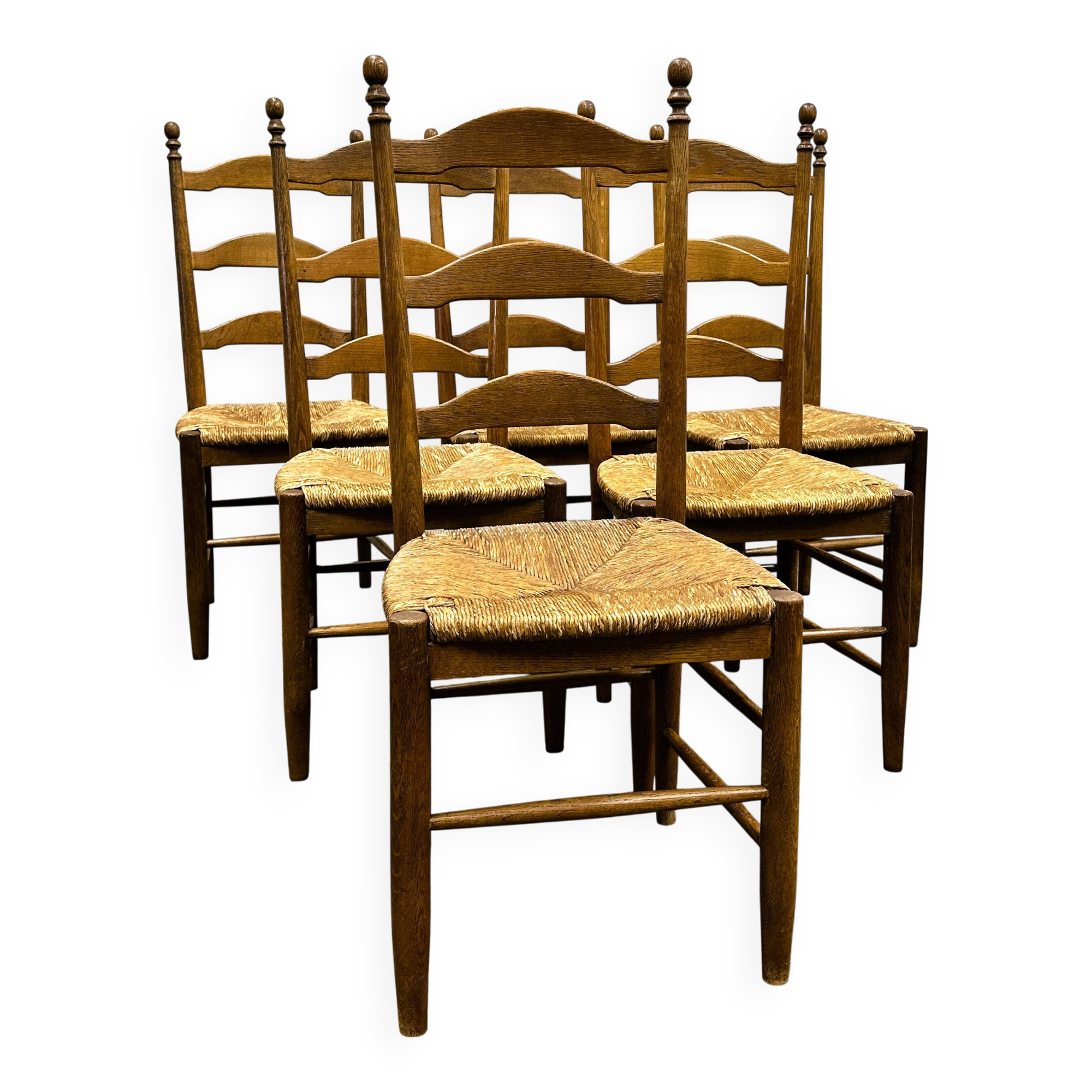 Set of 6 French Elegant Oak Farmhouse Country Dining Chairs wit Rush Seatin