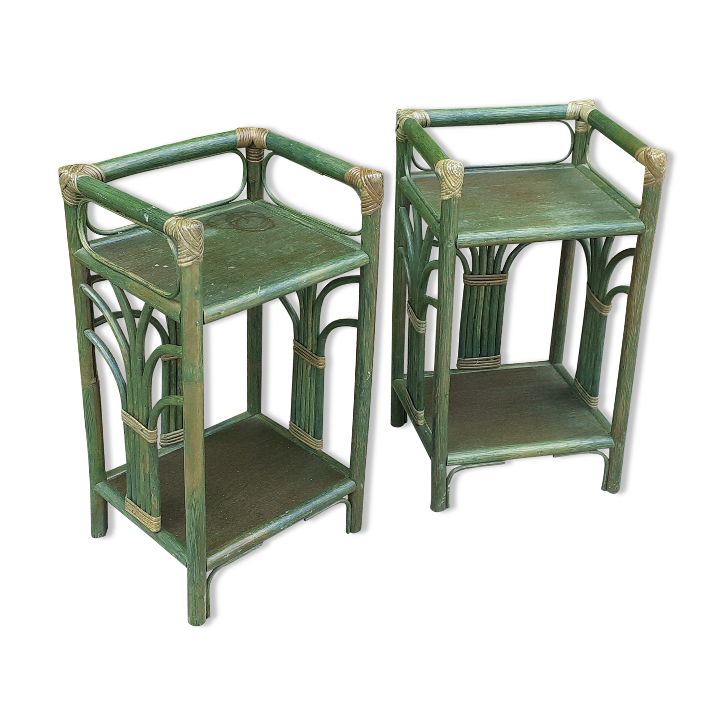 Pairs of bedside tables 2 green rattan shelves