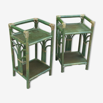 Pairs of bedside tables 2 green rattan shelves