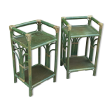 Pairs of bedside tables 2 green rattan shelves
