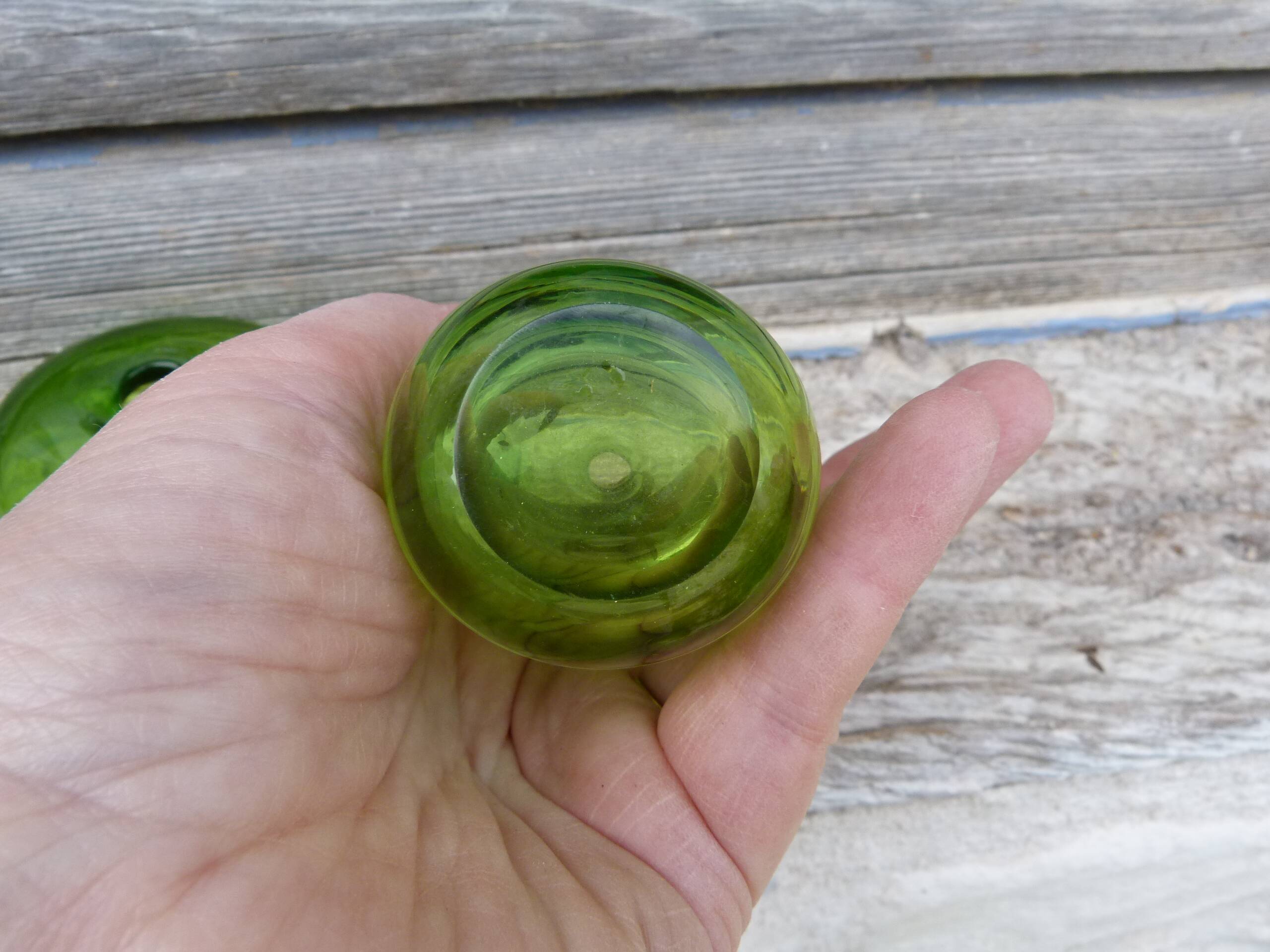 Vintage 1970 set of 2 small green blown glass vases
