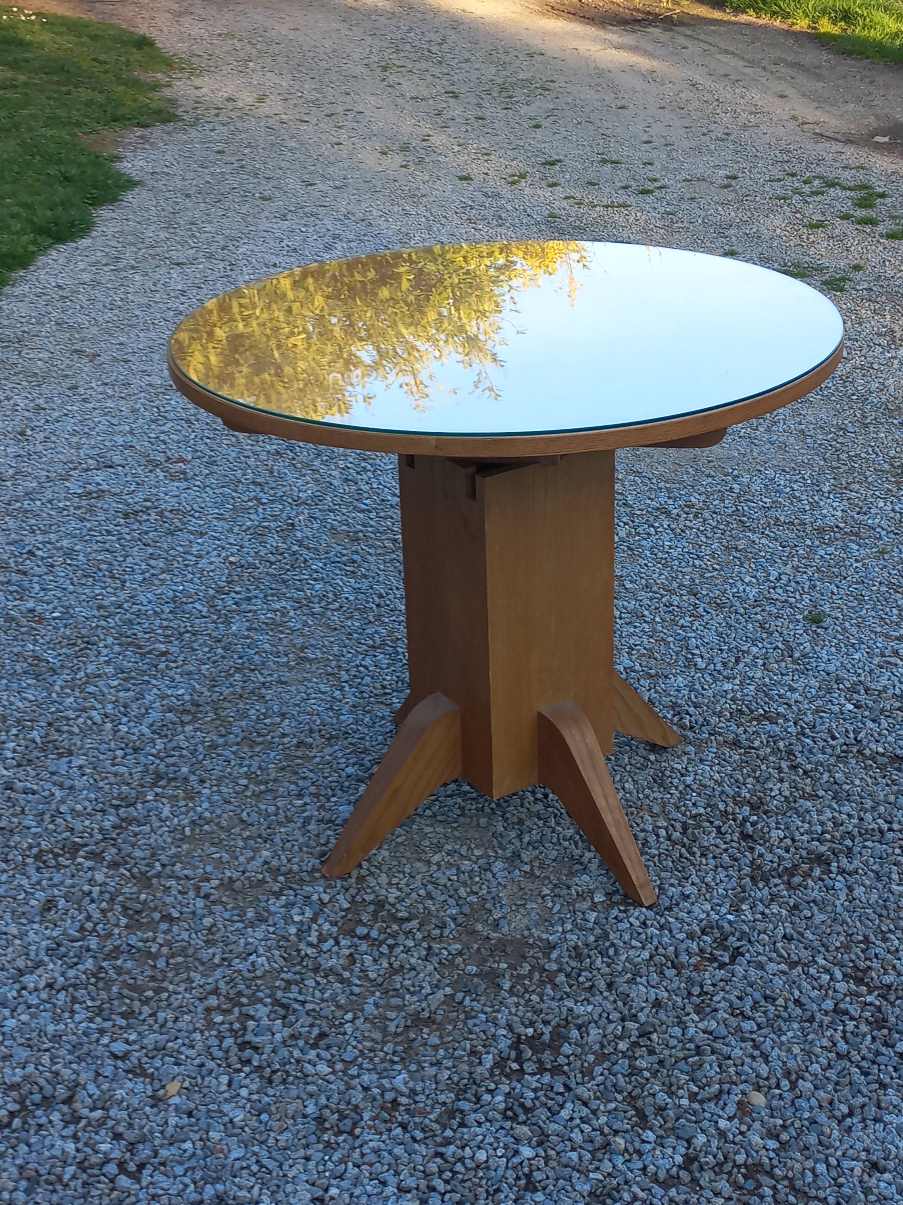 1950s round oak table, 2 heights, central quadripod leg