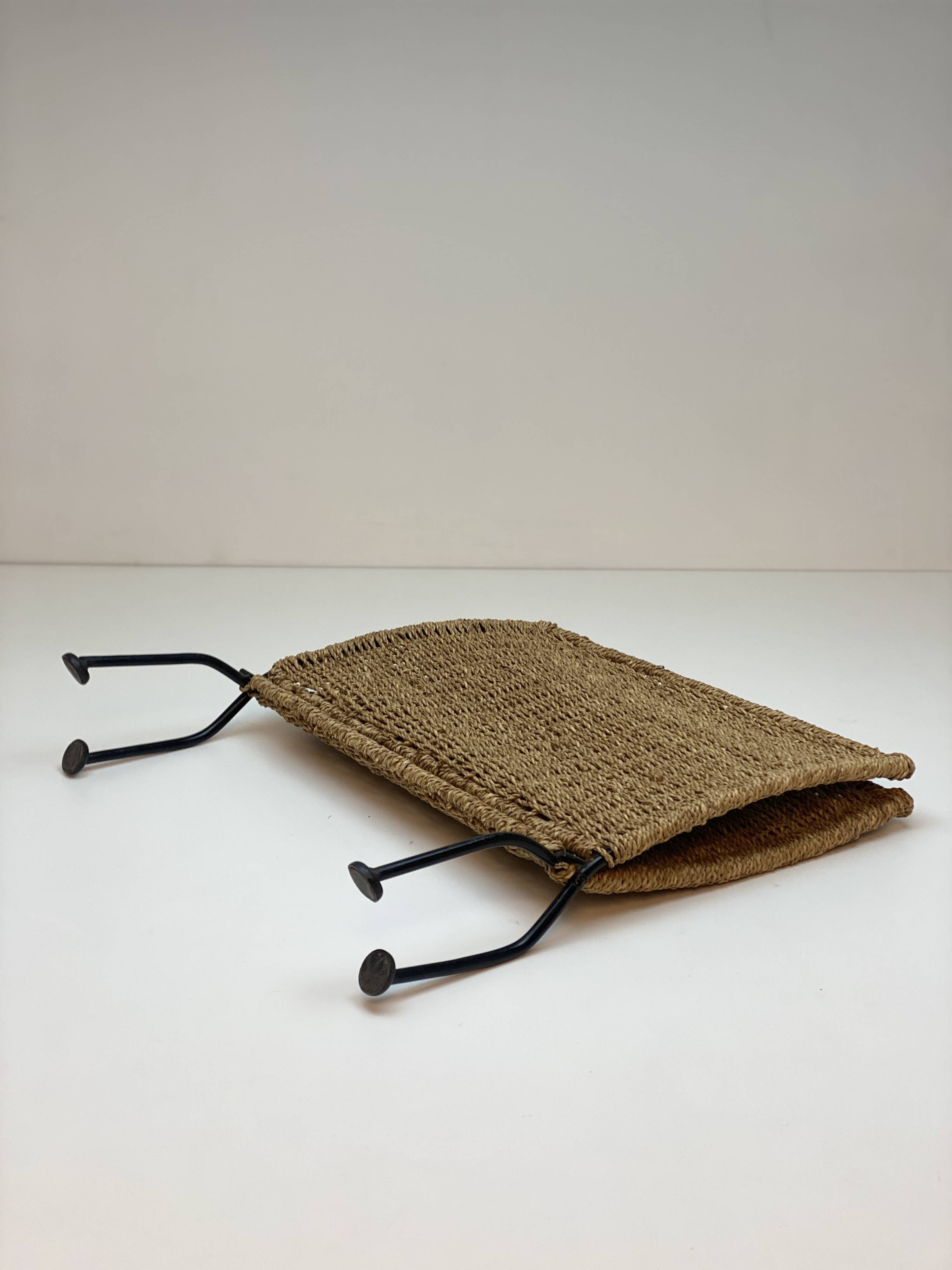 Vintage woven rope folding magazine rack with black metal frame, 1960s