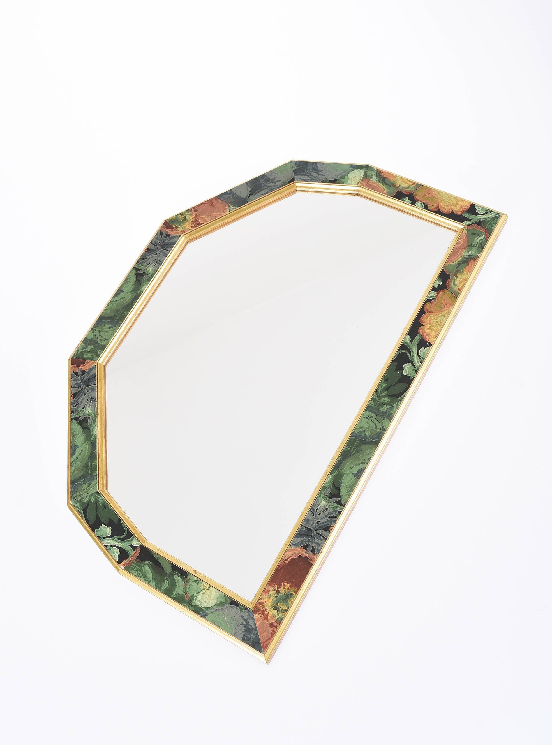 Old vintage octagonal mirror, floral patterns, green and gold