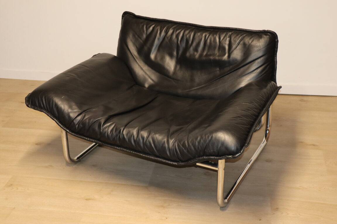 Vintage armchair by Johan Bertil Häggström for Ikéa in leather and chrome metal, 1970s