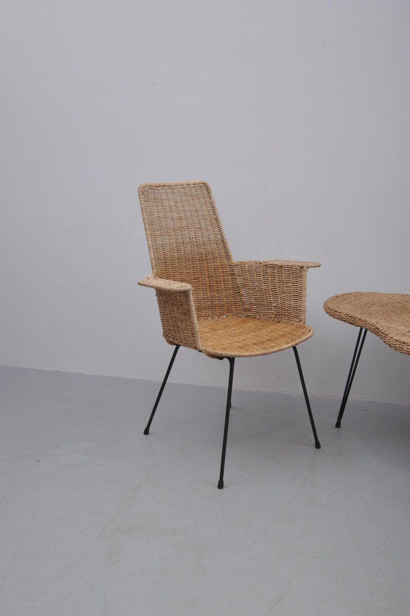 Vintage rattan chairs with table, 1950s, set of 3