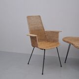 Vintage rattan chairs with table, 1950s, set of 3