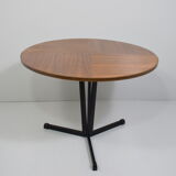 Vintage wooden round bass table black lace-up metal foot, 1960