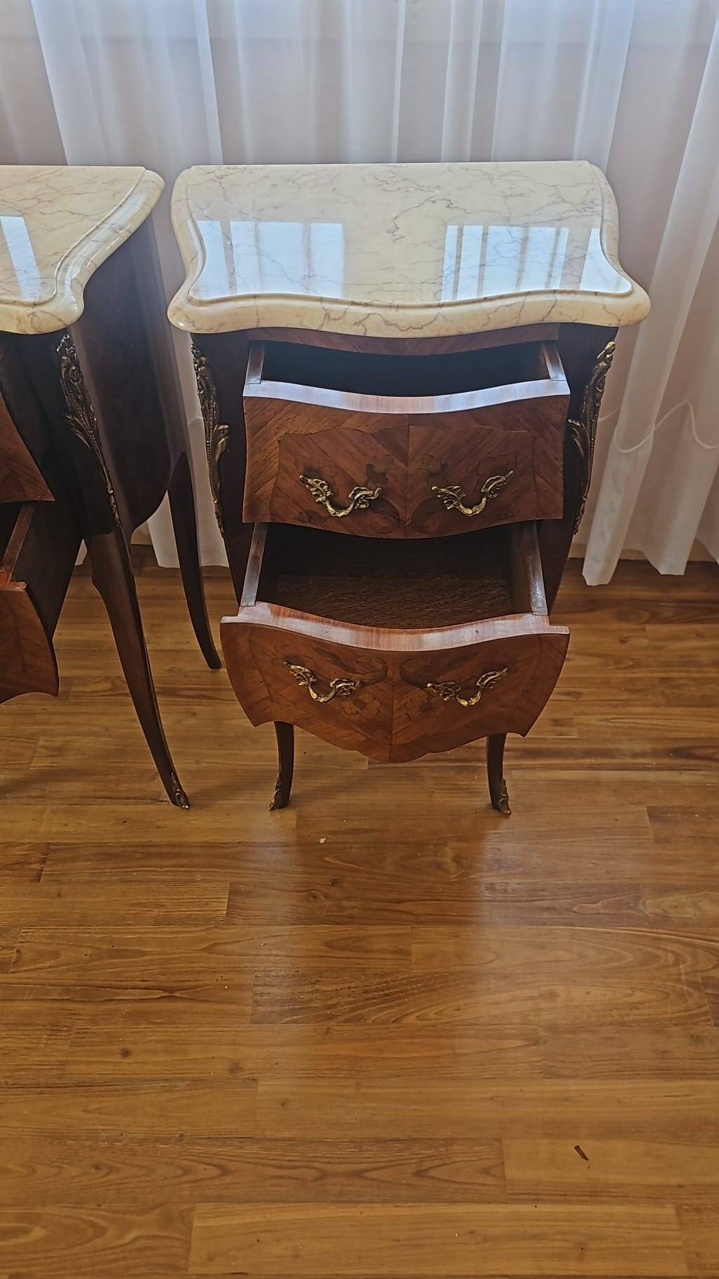 Pair of Louis XV style bedside tables with marquetry and marble top