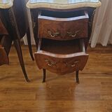 Pair of Louis XV style bedside tables with marquetry and marble top