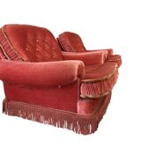 Set of 2 vintage old rose armchairs with fringes.