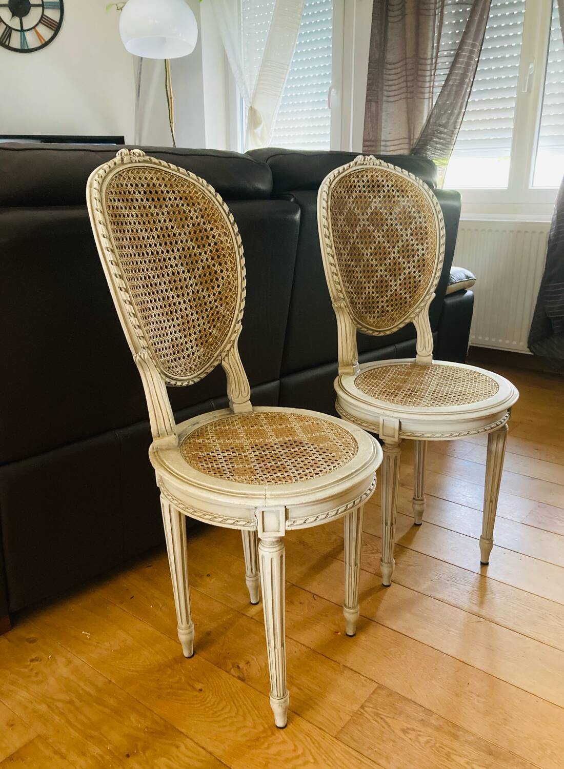 Pair of Louis XVI chairs from the late 19th century with checkerboard caning