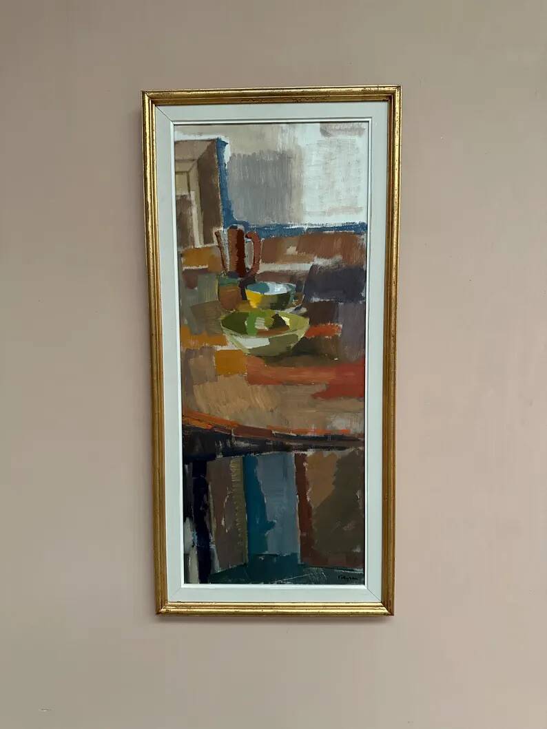 Large Original Swedish Oil on Canvas – “Still Life” by Ingvar Hällgren – Signed – Vintage & Framed – 89 × 42 cm (35" × 16.5")
