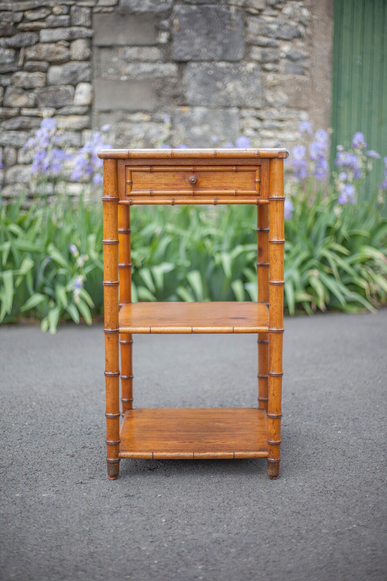 Bedside table wood imitation bamboo and marble colonial style, pedestal table, furniture 1 old drawer