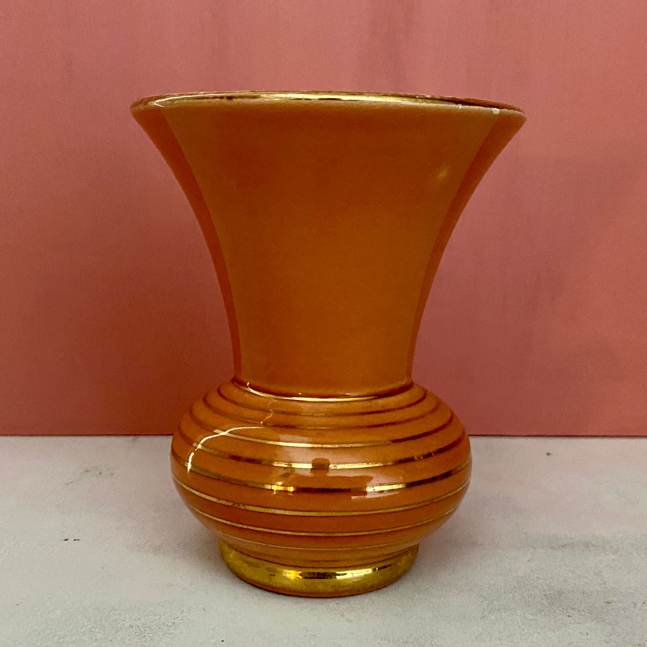 Vintage art deco vase in pink and gold ceramic