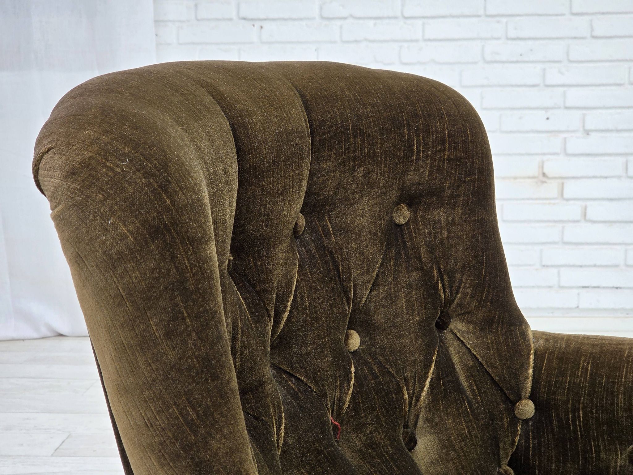 1950s, Scandinavian armchair, green furniture velour, ash wood.