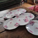 7 assiettes à dessert MBS France – décor de cyclamens roses, liseré ar