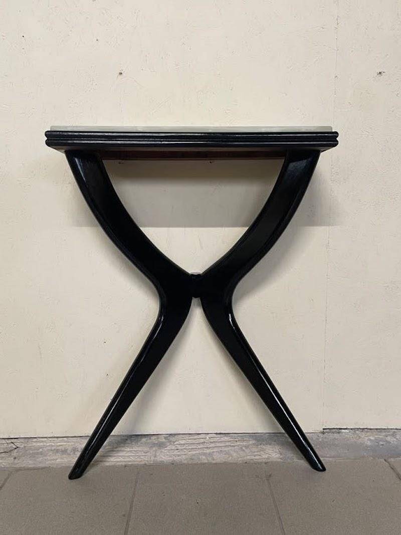 Console from the 1950s in ebonised wood and green marble.