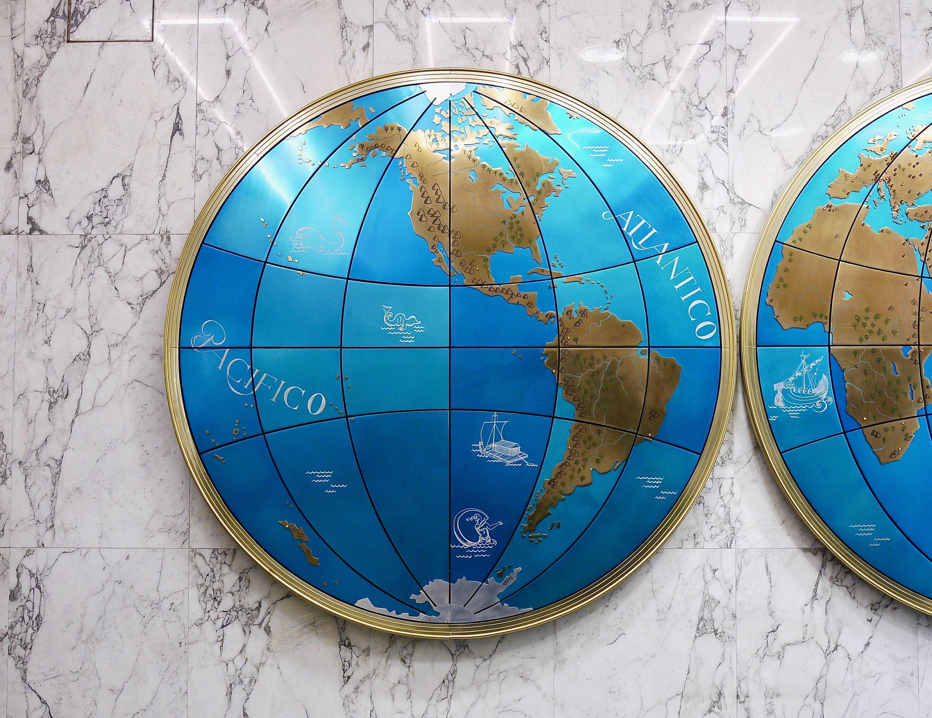 Impressive pair of two giant modern wall globes, world map, diameter 95 inches, 1950s.