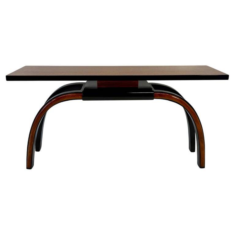 Italian 1940s Art Deco Console in Black Lacquer, Walnut and Maple Burl