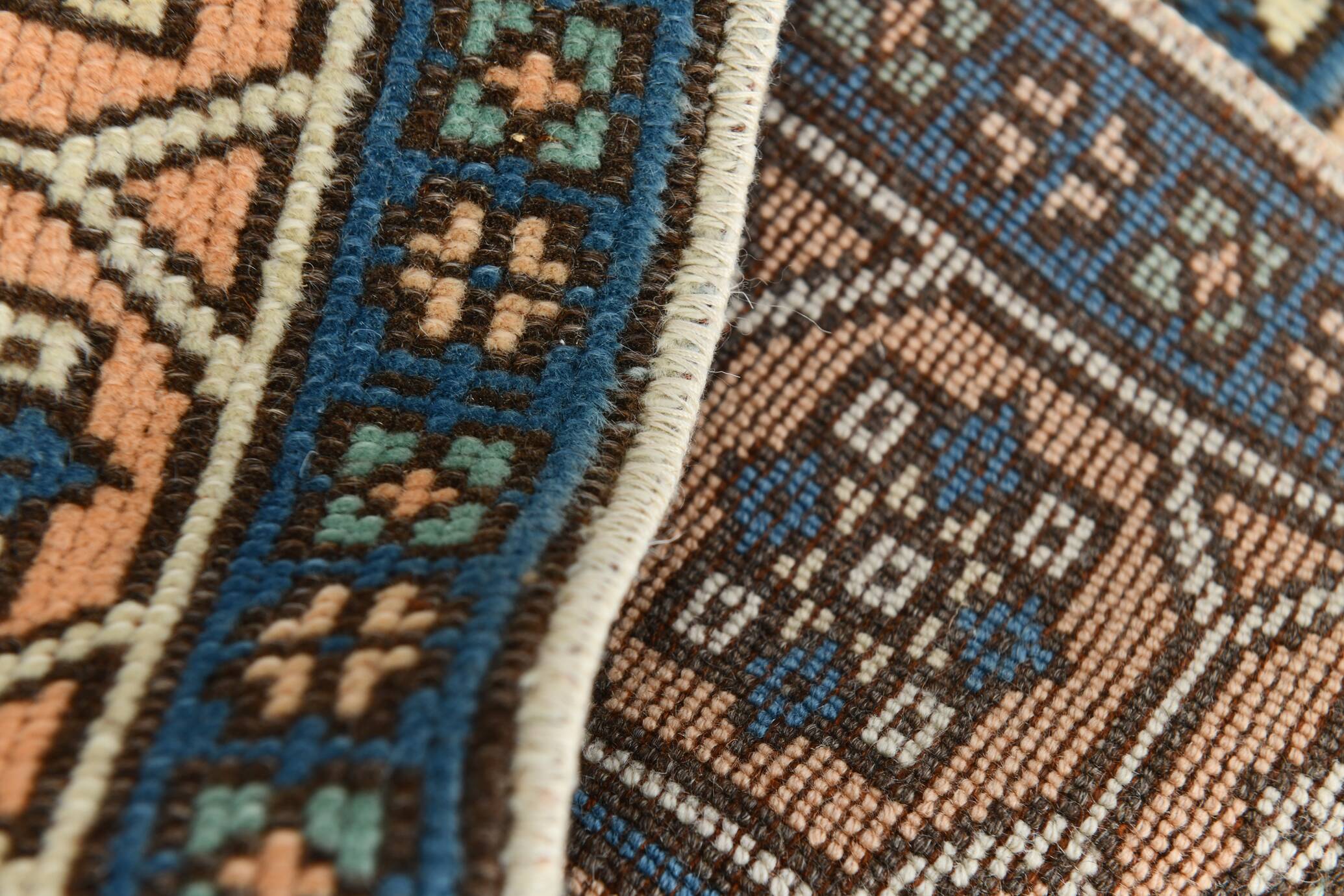 2x11 shades of cream blue oushak runner rug