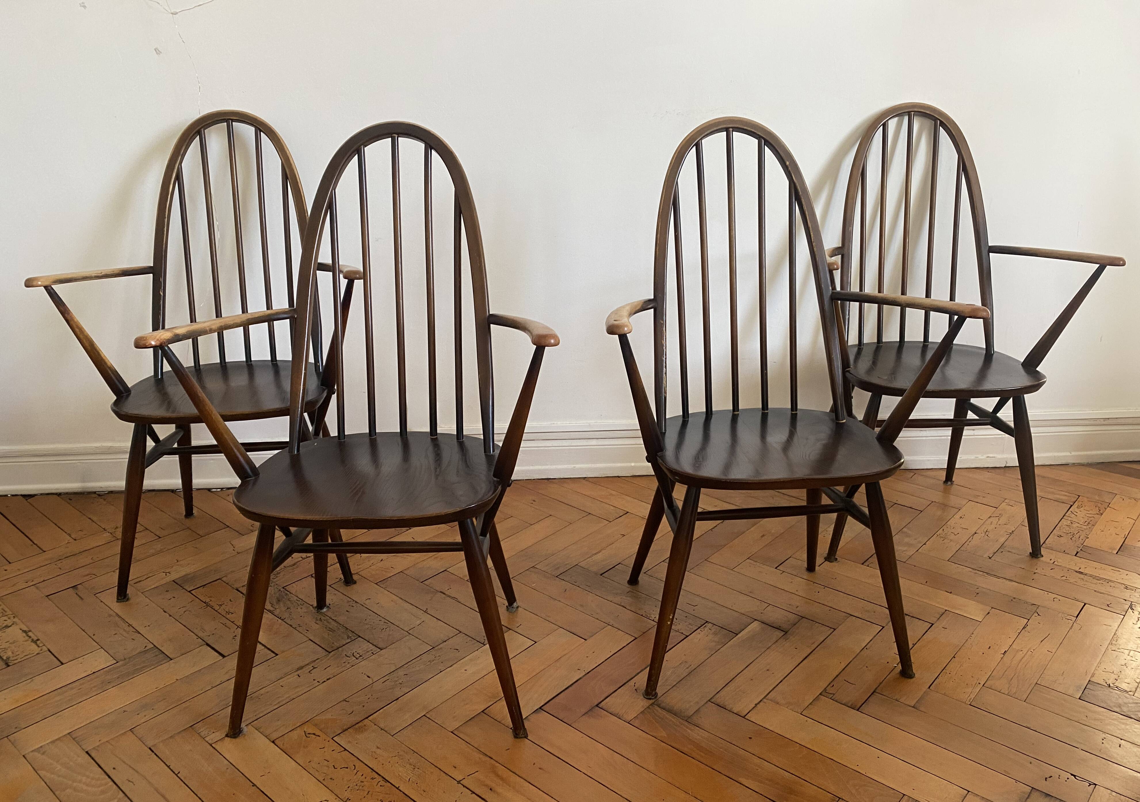 Rare set of 4 Ercol Quaker dining chairs / armchairs - English design 1960.