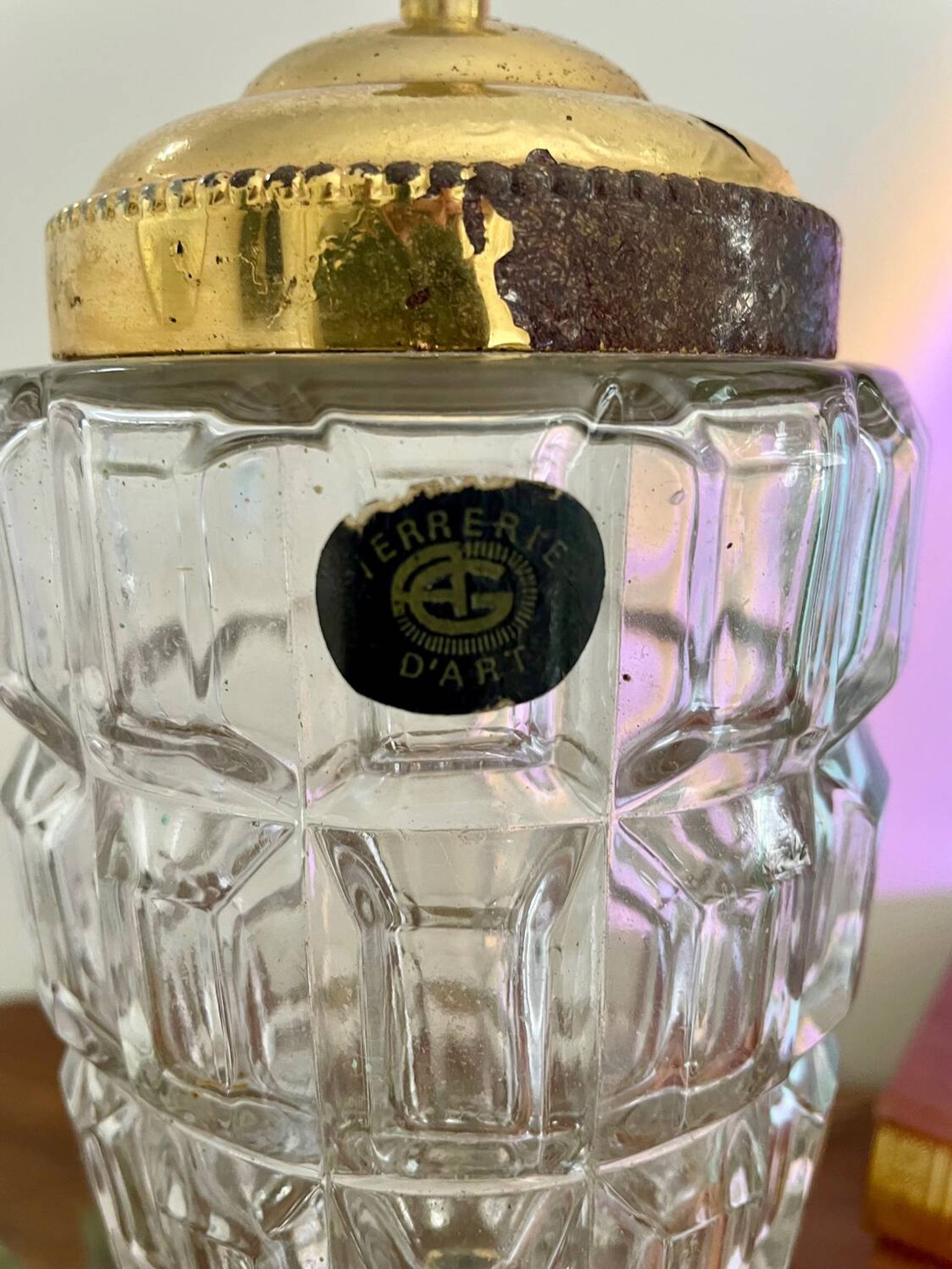 Grande bonbonnière verre et métal doré
