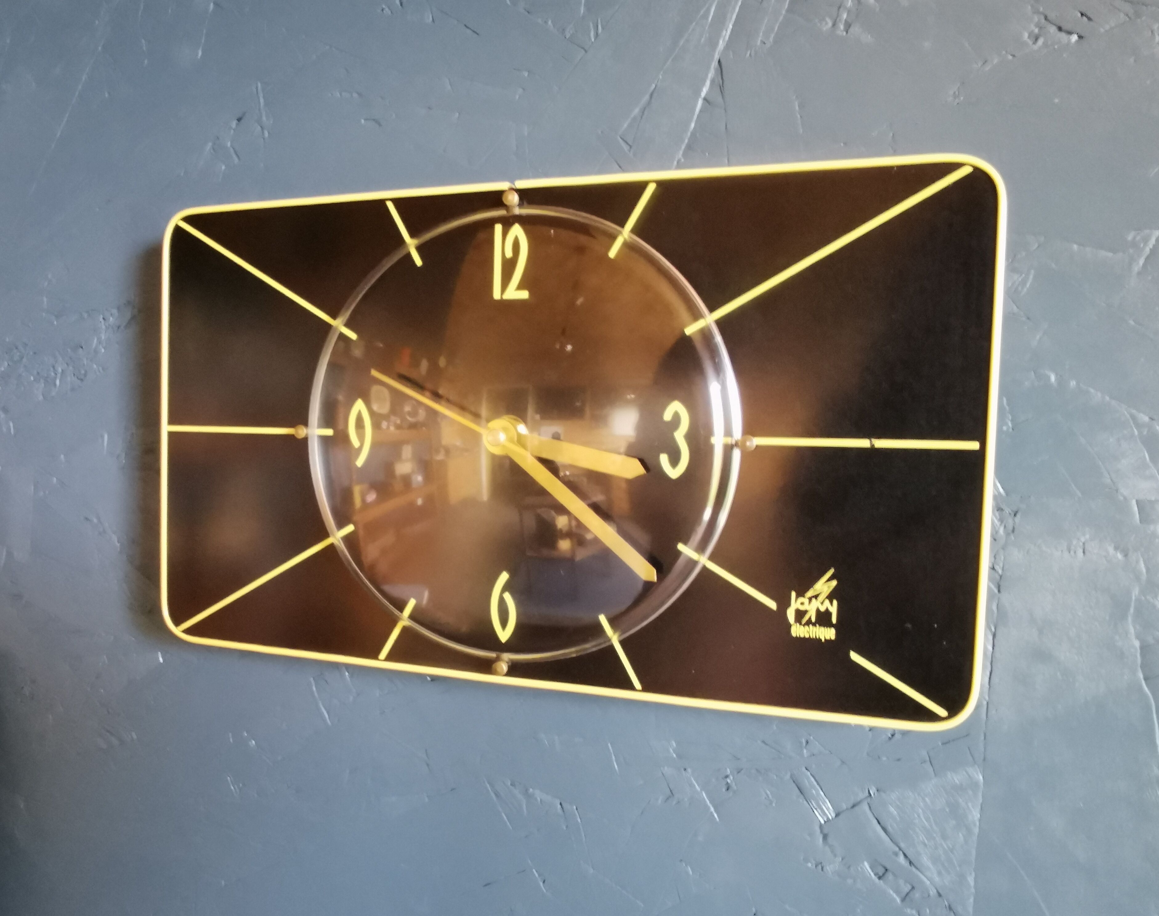 Vintage formica clock silent rectangular wall clock "Japy electric black yellow"