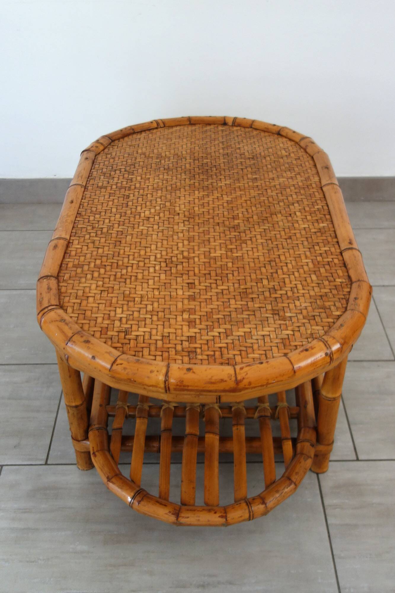 Vintage bamboo and woven wicker coffee table