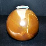 Vintage ball vase in flamed stoneware 1960 - caramel color with blue flow - signed DS